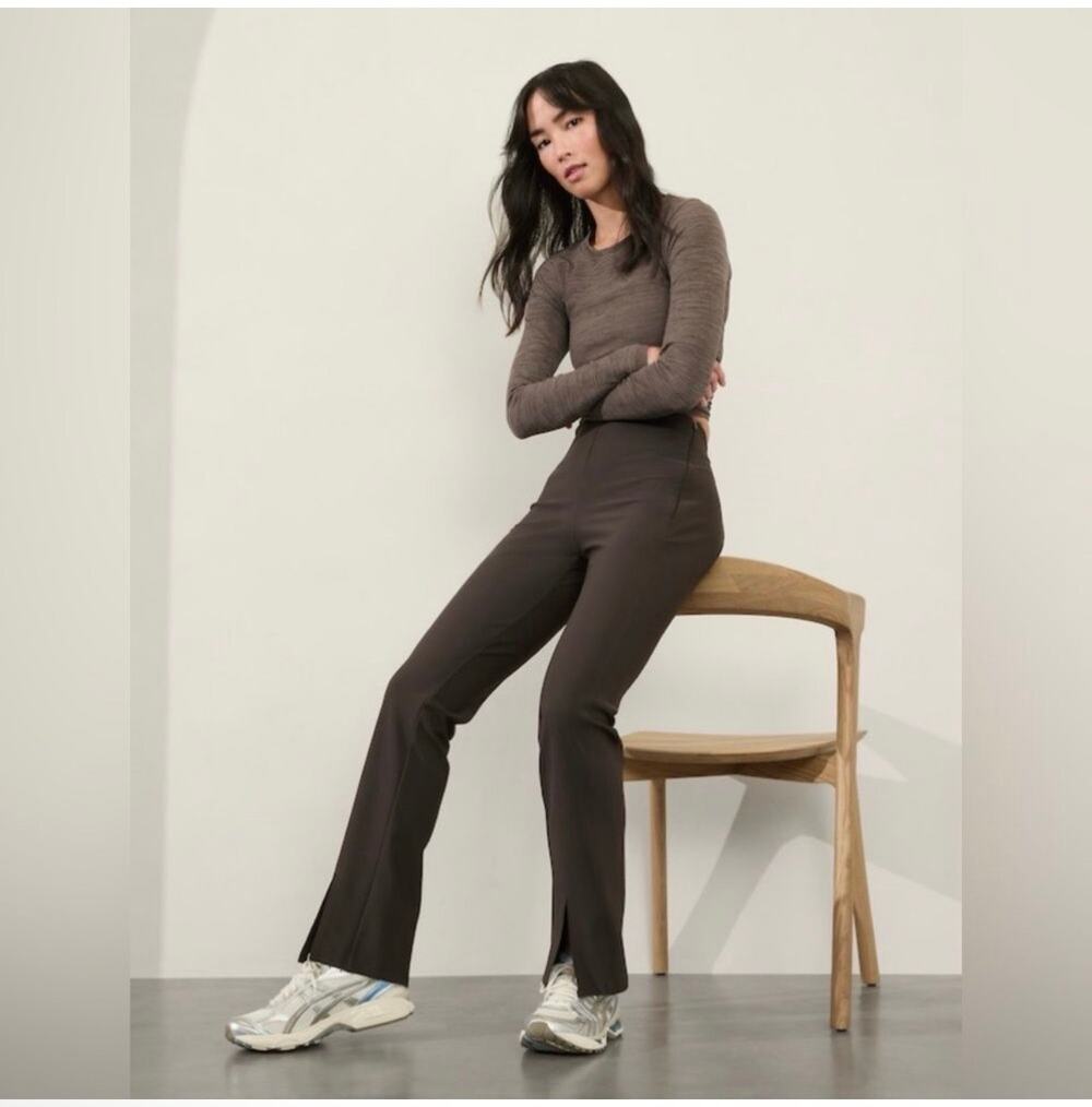 Athleta Pants Womens 12 Brown Move Easy Split Hem Truffle Side Zip Commute Work